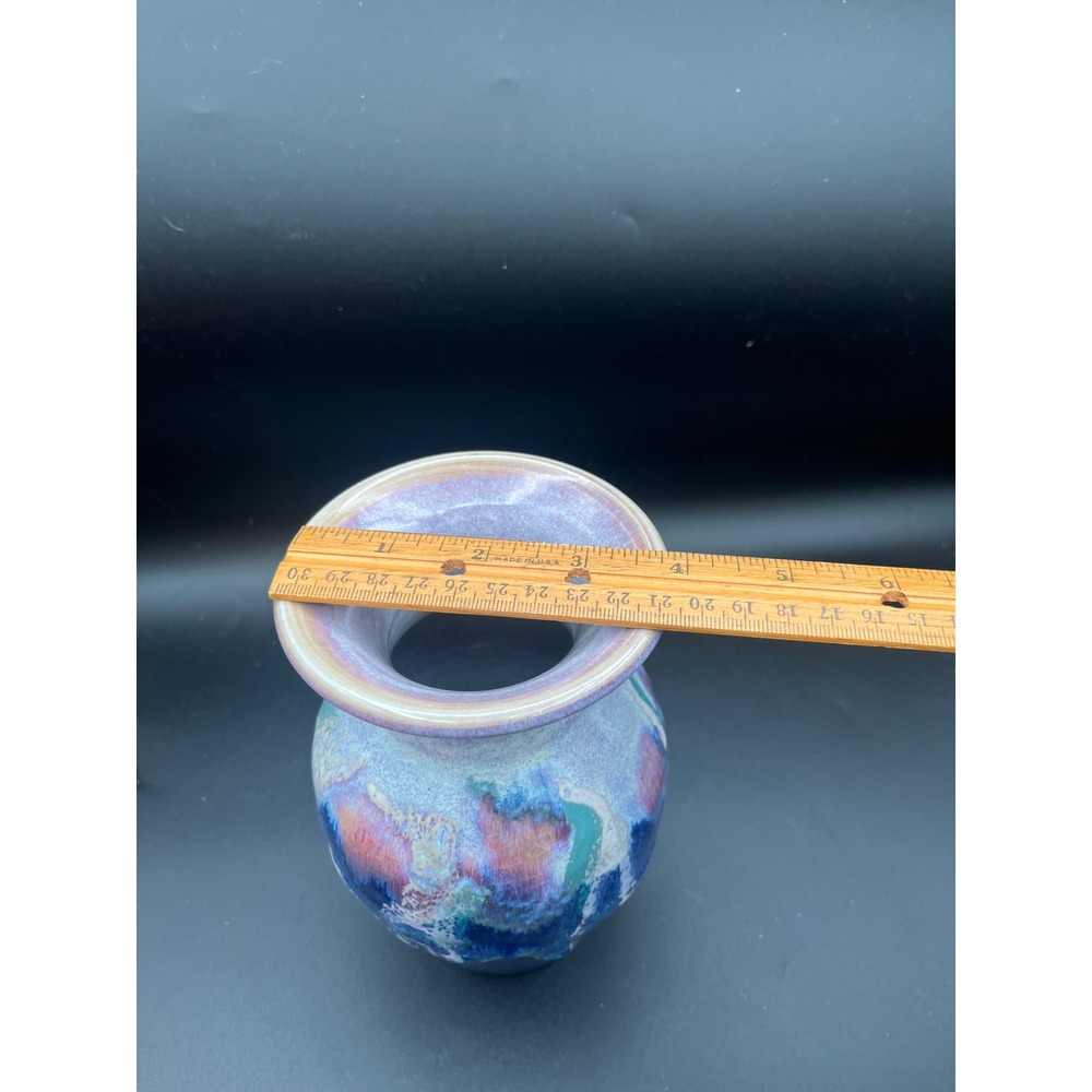 Studio Pottery Hand Signed Crystalline Drip Glaze Vase Blue Purple Green 6 inch - Picture 10 of 11